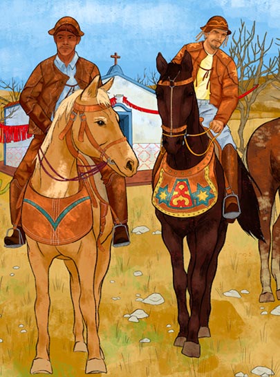 jul25-caatinga-poema-1.jpg Ilustração com dois homens montados em cavalos, com vestimentas típicas, de chapéu e jaqueta de couro marrom, em cenário da caatinga com igreja ao fundo