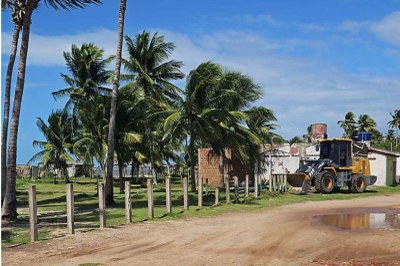 Foto: prefeitura de Pitimbu Foto da operação de retirada de estruturas irregulares da área da restinga da praia de Ponta do Coqueiro, com vários coqueiros e um trator removendo as estruturas