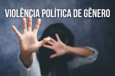 Arte: Comunicação/MPF Uma mulher com o rosto coberto estende a mão para a frente em um gesto de "pare". Na parte superior da imagem, o texto em branco diz: "Violência Política de Gênero"