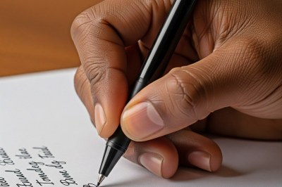 Foto: Imagem gerada por IA - Gemini A imagem mostra um plano fechado e em ângulo alto de uma mão esquerda negra escrevendo em uma folha de papel branco. Os dedos são ligeiramente longos e as unhas estão bem aparadas. A mão está centralizada, com o dedo indicador e o polegar segurando uma caneta de tinta preta.