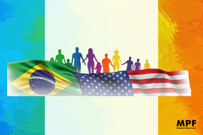 Arte: Comunicação A imagem tem como plano de fundo um degradê dividido em três partes verticais: tons de vermelho e laranja à esquerda, branco no centro e tons de azul à direita. No centro, há duas bandeiras sobrepostas horizontalmente: a do Brasil à esquerda e a dos Estados Unidos à direita. Acima das bandeiras, uma sequência de silhuetas de pessoas de diferentes tamanhos, representando diversidade etária e de gênero, em cores que formam um degradê do verde ao roxo. No canto inferior direito, está o logotipo do Ministério Público Federal (MPF).