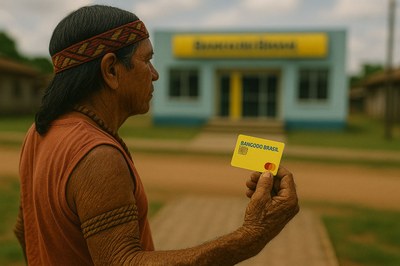 Arte: Comunicação MPF Foto de um homem indígena segurando um cartão bancário amarelo olhando para uma agência do Banco do Brasil em segundo plano