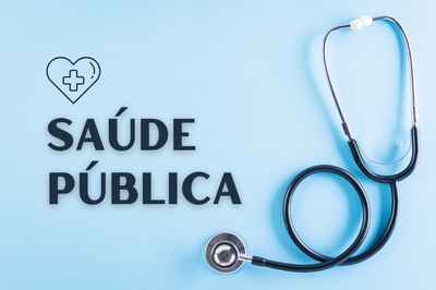 imagem com um estetoscópio, escrito SAÚDE PÚBLICA, em fundo azul