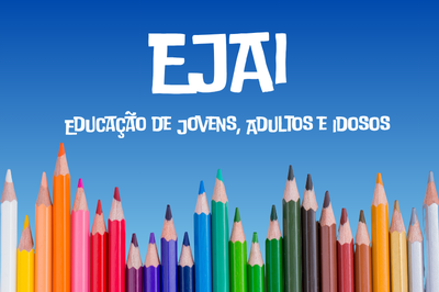 Imagem que contem a frase ESCOLA DE JOVENS, ADULTOS E IDOSOS, com lapis coloridos em um fundo azul