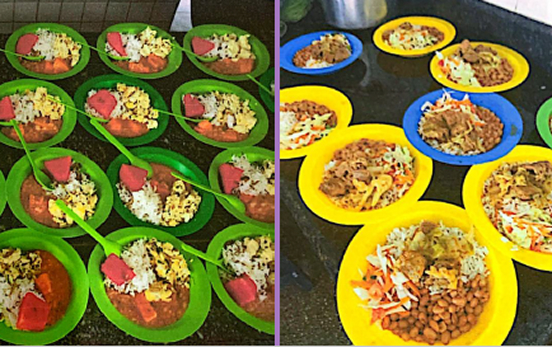 Duas fotos lado a lado com pratos de refeições em cima de mesas