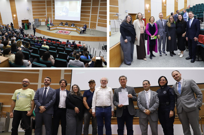 Fotos: Comunicação MPF Montagem com três fotos que mostram homens e mulheres em solenidade em um auditório