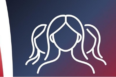 Arte: MPPB Imagem em tons de azul e escuro e vermelho em degradê e o desenho de três mulheres em traço simples