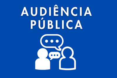 Imagem com fundo azul e o texto "Audiência Pública" em letras brancas, centralizado na parte superior. Abaixo do texto, há dois ícones de pessoas conversando, com balões de diálogo entre elas, representando comunicação e participação.