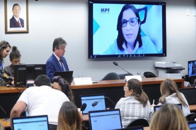 Foto mostra um homem sentado atrás de uma bancada, na parede, uma tela transmitindo participação remota de uma mulher. No primeiro plano, o público sentado assistindo à audiência. 