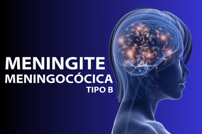 Arte: Comunicação MPF/AL Imagem com fundo em tons de azul. À esquerda, o texto “Meningite Meningocócica Tipo B” em letras brancas. À direita, a silhueta lateral de uma cabeça humana transparente, mostrando um cérebro iluminado com pontos de luz conectados, representando atividade neurológica.