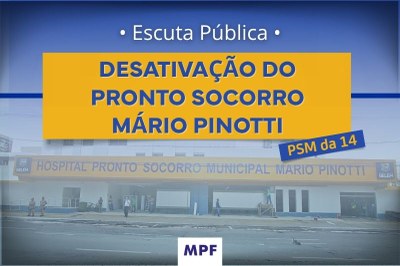 Arte informativa do MPF sobre "Escuta Pública" sobre a "Desativação do Pronto Socorro Mário Pinotti (PSM da 14)". Ao fundo, há uma foto da fachada do hospital.
