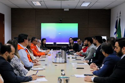 Foto de uma mesa de reunião com pessoas em volta e uma tela de TV ao fundo com um papel de parede azul, com a sigla MPF no centro 