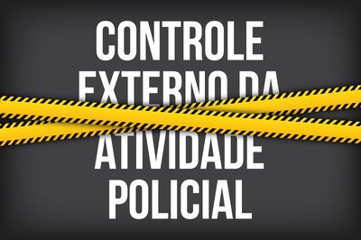Arte: Comunicação MPF Arte retangular com fundo cinza e faixas amarelas cruzadas na parte central da arte. Em letras brancas está escrito Controle Externo da Atividade Policial