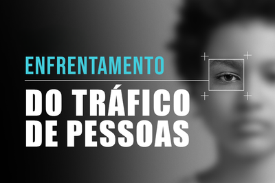 imagem de uma mulher, em preto e branco, com um foco ao redor dos olhos e o texto: enfrentamento do tráfico de pessoas