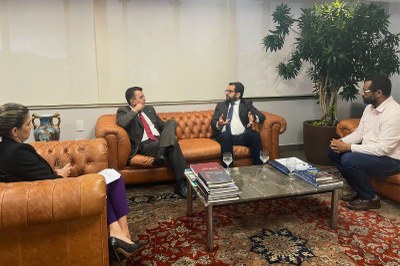 Quatro pessoas, três homens e uma mulher, sentadas em sofás de couro marrom em uma sala, conversando entre si.