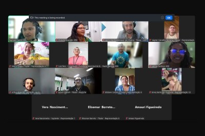 Captura de tela de uma reunião online no aplicativo Zoom, com 11 pessoas em quadrados e três nomes abaixo.