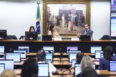 Vinicius Loures / Câmara dos Deputados Imagem mostra duas mulheres e um homem sentados atrás de uma bancada. Na audiência, pessoas sentadas à mesa em frente a notebooks.