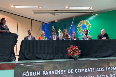 Fotografia do palco de um audiório com uma mulher em pé, à esquerda, e sete pessoas sentadas na mesa, sendo que outra mulher, ao centro, fala ao microfone.