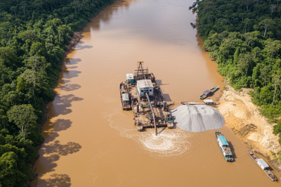 Imagem aérea de uma draga de garimpo no leito de um rio cercado por floresta