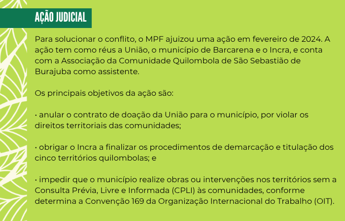 17-Box.png Para solucionar o conflito, o MPF ajuizou uma ação em fevereiro de 2024. A ação tem como réus a União, o município de Barcarena e o Incra, e conta com a Associação da Comunidade Quilombola de São Sebastião de Burajuba como assistente.
Os principais objetivos da ação são:
• anular o contrato de doação da União para o município, por violar os direitos territoriais das comunidades;
• obrigar o Incra a finalizar os procedimentos de demarcação e titulação dos cinco territórios quilombolas; e
• impedir que o município realize obras ou intervenções nos territórios sem a Consulta Prévia, Livre e Informada (CPLI) às comunidades, conforme determina a Convenção 169 da Organização Internacional do Trabalho (OIT).