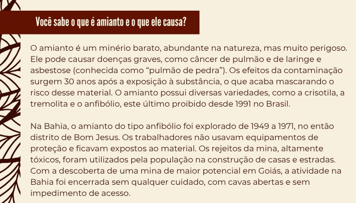 O amianto é um minério barato, abundante na natureza, mas muito perigoso. Ele pode causar doenças graves, como câncer de pulmão e de laringe e asbestose (conhecida como “pulmão de pedra”). Os efeitos da contaminação surgem 30 anos após a exposição à substância, o que acaba mascarando o risco desse material. O amianto possui diversas variedades, como a crisotila, a tremolita e o anfibólio, este último proibido desde 1991 no Brasil.
Na Bahia, o amianto do tipo anfibólio foi explorado de 1949 a 1971, no então distrito de Bom Jesus. Os trabalhadores não usavam equipamentos de proteção e ficavam expostos ao material. Os rejeitos da mina, altamente tóxicos, foram utilizados pela população na construção de casas e estradas. Com a descoberta de uma mina de maior potencial em Goiás, a atividade na Bahia foi encerrada sem qualquer cuidado, com cavas abertas e sem impedimento de acesso.
