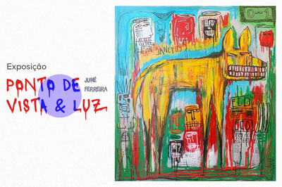 O banner da exposição é uma imagem dividida. Do lado esquerdo há o nome da exposição como um jogo de palavras. "Ponto de Juné Ferreira" ou "Ponto de vista & Luz". Do lado direito, há a fotografia de uma das obras que compõe a exposição.