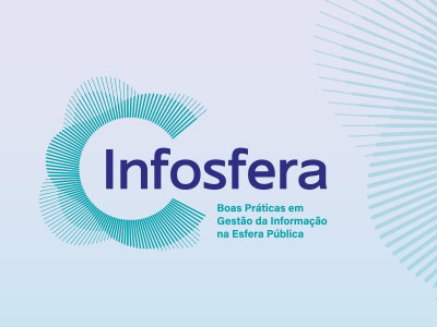 Foto: Prêmio Infosfera 2025 A imagem tem fundo claro, o termo "Infosfera" grande em azul escuro no centro, um C composto de traços variados ao seu redor e, embaixo, os termos "Boas Práticas em Gestão da Informação na Esfera Pública" em azul claro e tamanho menor.