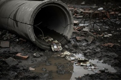 Arte: Comunicação/MPF, com Gemini 2.5 Flash Image Arte ilustrativa em estilo fotográfico. Moedas e notas de dinheiro saem de um grande cano de concreto rachado, deitado em um terreno lamacento e com entulho.