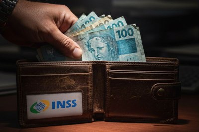 Foto ilustrativa: Gemini 2.5 Flash Image Mão de uma pessoa segurando notas de 100 e 200 reais, que saem de uma carteira de couro marrom. Nela, há uma logo do INSS.