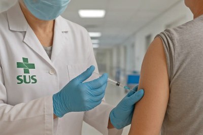 Imagem mostra pessoa com jaleco do SUS aplicando uma vacina


