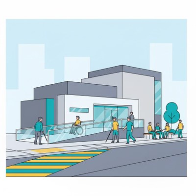 Imagem gerada por IA (Gemini) Ilustração em estilo gráfico (vetorial) de um cenário urbano que representa a acessibilidade plena e a inclusão social. A imagem mostra um prédio moderno com uma rampa de acesso suave e visível. Na frente, há uma faixa de pedestres acessível com piso tátil de alerta na cor amarela, e marcações turquesa e amarela. Várias pessoas com diferentes necessidades de mobilidade estão interagindo: um homem em cadeira de rodas usa a rampa; duas pessoas com deficiência visual usam bengalas longas para caminhar na calçada; e um grupo está sentado em um banco fora do prédio, conversando, incluindo pessoas com e sem deficiência. A ilustração destaca a integração na vida pública. Texto gerado por IA