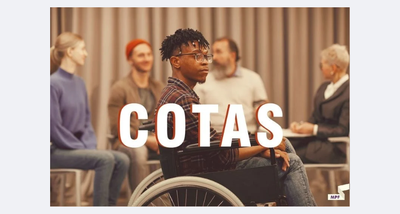 Foto mostra uma pessoa negra em uma cadeira de rodas. Em branco está escrito Cotas. No canto inferior direito está escrito MPF 