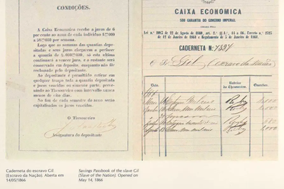 Uma imagem histórica da Caderneta de Poupança de Alforria do escravo Gil (Escravo da Nação), aberta em 14 de maio de 1866 na Caixa Econômica "sob Garantia do Governo Imperial". A página da esquerda detalha as condições do depósito (juros de 6% ao ano) e a da direita é a caderneta, preenchida à mão.