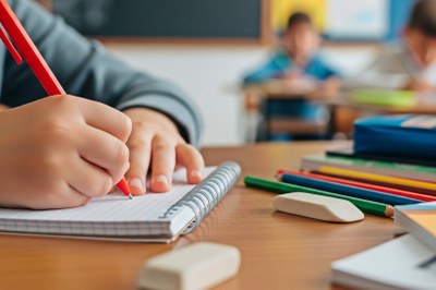 Foto: gerada pela IA Gemini foto mostra uma criança escrevendo com um lápis vermelho