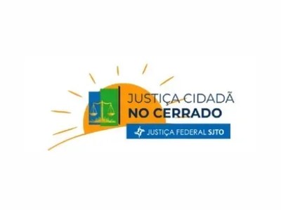 Reprodução SJTO Logomarca do projeto Justiça Cidadã no Cerrado, da Justiça Federal no Tocantins. A imagem mostra um sol estilizado ao fundo e, em primeiro plano, o símbolo da Justiça Federal acompanhado do texto “Justiça Cidadã no Cerrado – Justiça Federal SJTO