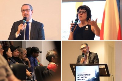 Fotos: Camila Sousa Montagem com quatro fotos: dois homens e uma mulher falando ao microfone, e uma plateia atenta a uma apresentação com texto sobre o "Navio Haidar".