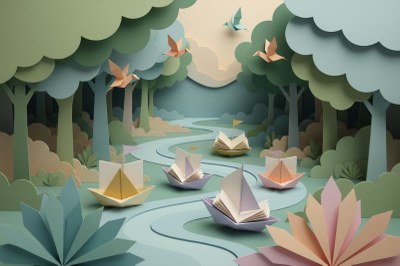 Arte: Comunicação/MPF, com Gemini 2.5 Flash Image Arte de cenário em papercraft com árvores, plantas e pássaros de origami em tons pastel; cinco barcos de papel flutuam em um rio sinuoso, cada um carregando um livro aberto.