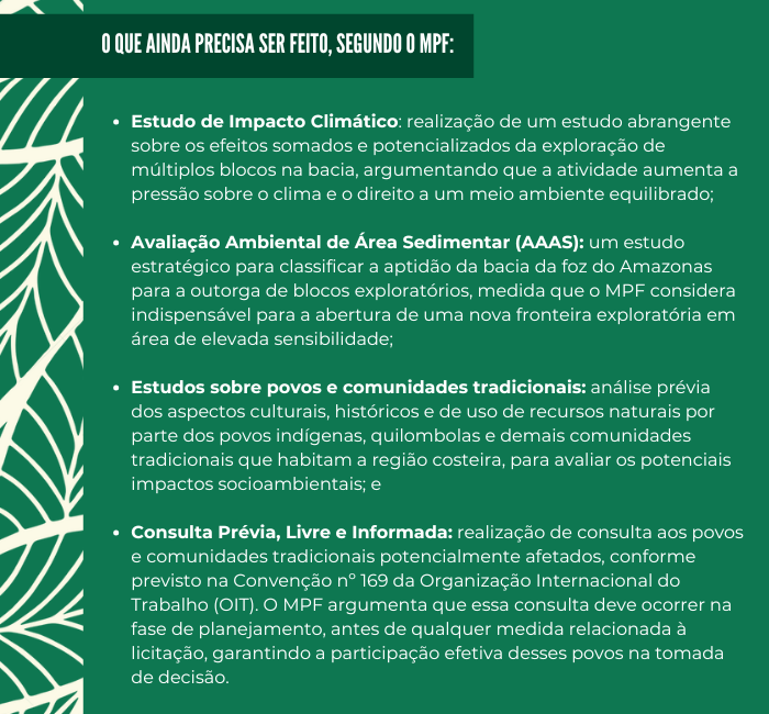 Estudo de Impacto Climático: realização de um estudo abrangente sobre os efeitos somados e potencializados da exploração de múltiplos blocos na bacia, argumentando que a atividade aumenta a pressão sobre o clima e o direito a um meio ambiente equilibrado;
Avaliação Ambiental de Área Sedimentar (AAAS): um estudo estratégico para classificar a aptidão da bacia da foz do Amazonas para a outorga de blocos exploratórios, medida que o MPF considera indispensável para a abertura de uma nova fronteira exploratória em área de elevada sensibilidade;
Estudos sobre povos e comunidades tradicionais: análise prévia dos aspectos culturais, históricos e de uso de recursos naturais por parte dos povos indígenas, quilombolas e demais comunidades tradicionais que habitam a região costeira, para avaliar os potenciais impactos socioambientais; e
Consulta Prévia, Livre e Informada: realização de consulta aos povos e comunidades tradicionais potencialmente afetados, conforme previsto na Convenção nº 169 da Organização Internacional do Trabalho (OIT). O MPF argumenta que essa consulta deve ocorrer na fase de planejamento, antes de qualquer medida relacionada à licitação, garantindo a participação efetiva desses povos na tomada de decisão.