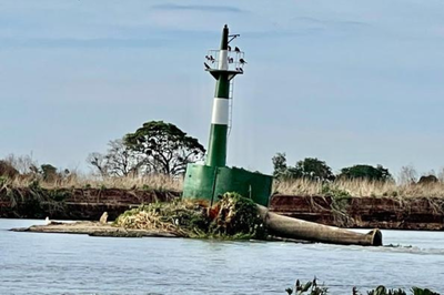 A imagem mostra um farol de sinalização náutica parcialmente submerso e inclinado na água de um rio. A base do farol está cercada por detritos e vegetação acumulada, e há aves pousadas no topo da estrutura. Ao fundo, vê-se a margem do rio com vegetação seca e algumas árvores.