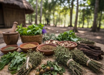 A imagem mostra uma variedade de ervas e plantas medicinais dispostas sobre uma esteira de palha rústica. Em primeiro plano, há vários maços de ervas secas amarradas com barbante, e algumas folhas verdes frescas estão espalhadas. Tigelas de cerâmica contêm diferentes pós e sementes. Ao fundo, um pilão de madeira e uma cabana de palha podem ser vistos, com árvores e vegetação exuberante, sugerindo um ambiente natural e tradicional, possivelmente uma floresta ou aldeia indígena.