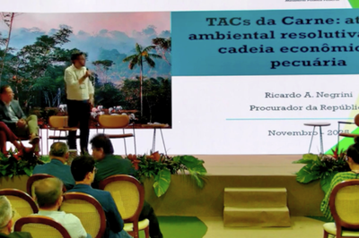 Homem sobre um palco durante uma apresentação. No fundo, o telão exibe o texto TACs da Carne