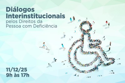 Arte: TRF3 Imagem mostra logotipo do evento Diálogos interinstitucionais pelos direitos da pessoa com deficiência, com figura de cadeira de rodas formada por um grupo de pessoas visto de cima
