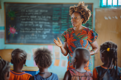 Foto ilustrativa: Freepik (gerada com IA) Foto de uma professora negra com vestido estampado ensinando em uma sala de aula e gesticulando para crianças negras sentadas de costas.