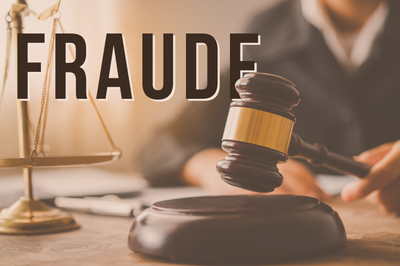 Arte: Comunicação MPF A palavra "FRAUDE" em letras maiúsculas sobrepõe a imagem de um martelo de madeira de juiz. Ao fundo, uma balança da justiça dourada desfocada