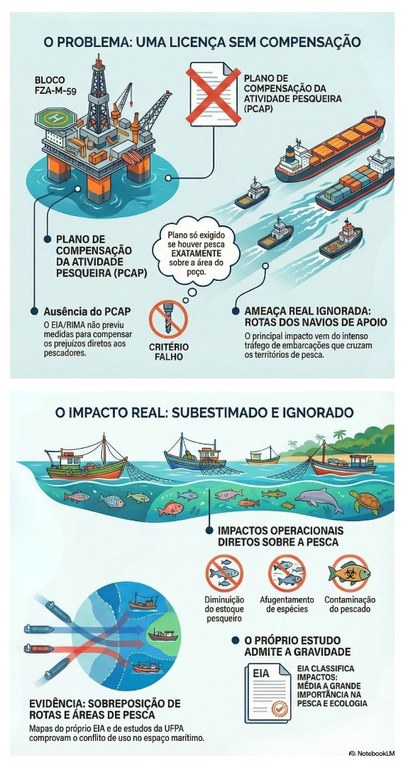 infografico-risco-pesca-petroleo-foz-amazonas.jpg Infográfico em duas partes sobre o risco da pesca e do petróleo na Foz do Amazonas. A parte superior, intitulada "O PROBLEMA: UMA LICENÇA SEM COMPENSAÇÃO", ilustra uma plataforma de petróleo (bloco FZA-M-59) e navios de carga. Destaca-se: a ausência do PCAP (Plano de Compensação da Atividade Pesqueira) sem medidas para ressarcir pescadores; o PCAP ser exigido apenas "exatamente sobre a área do poço" (indicado por uma nota e um "X" sobre o plano); o "critério falho" simbolizado por um martelo; e a "ameaça real ignorada" das rotas dos navios de apoio, que cruzam territórios de pesca. A parte inferior, intitulada "O IMPACTO REAL: SUBESTIMADO E IGNORADO", mostra barcos de pesca em meio a peixes e outros animais marinhos. Destaca: "impactos operacionais diretos sobre a pesca" (diminuição do estoque, afugentamento de espécies e contaminação do pescado, com desenhos de peixes afetados) e "evidência: sobreposição de rotas e áreas de pesca" (diagrama mostrando a intersecção de rotas de navios com áreas de barcos de pesca). Menciona que o "próprio estudo admite a gravidade", classificando o impacto no EIA (Estudo de Impacto Ambiental) como "média a grande importância na pesca e ecologia". O logo no canto inferior direito é "NotebookLM".