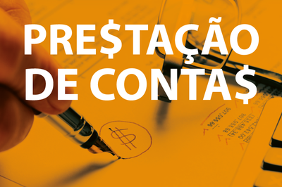 arte com fundo amarelado e uma imagem de cifrão escrita. Em branco está escrito Prestação de Contas 