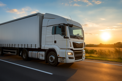 Imagem: Copilot Um caminhão trafega em uma rodovia. Ao fundo, se veem uma vegetação à beira da estrada e o sol próximo à linha do horizonte.