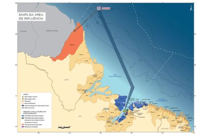 Mapa: Eia/Rima do licenciamento Mapa do litoral norte ilustra a área de influência do bloco FZA-M-59, ligado por rotas a zonas destacadas no Amapá e na costa do Pará.