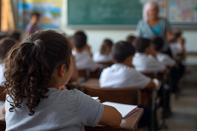Foto ilustrativa: Canva IA Foto de menina sentada em uma carteira em primeiro plano, de costas, em uma sala de aula com outras crianças e uma professora em pé ao fundo.