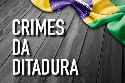 arte mostra uma bandeira do Brasil em um chão de madeira. Em branco está escrito Crimes da Ditadura 